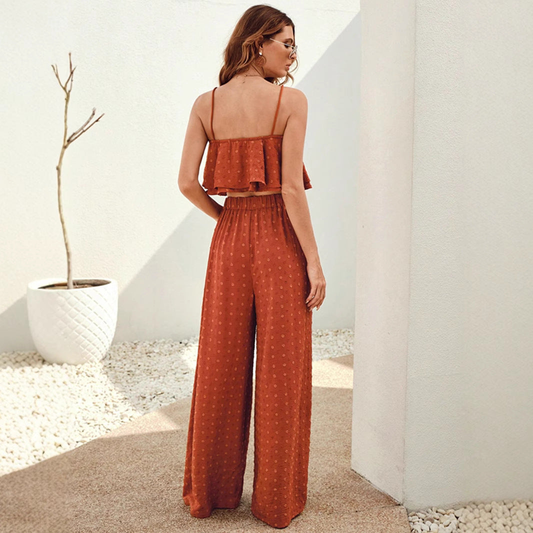 Dam Crop Top Rynkad och Vida Byxor Linne-3