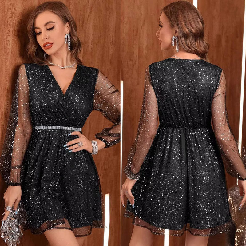 Kvinnors Midi Kjol V-ringning Puffärmar Polyester A-linje-2