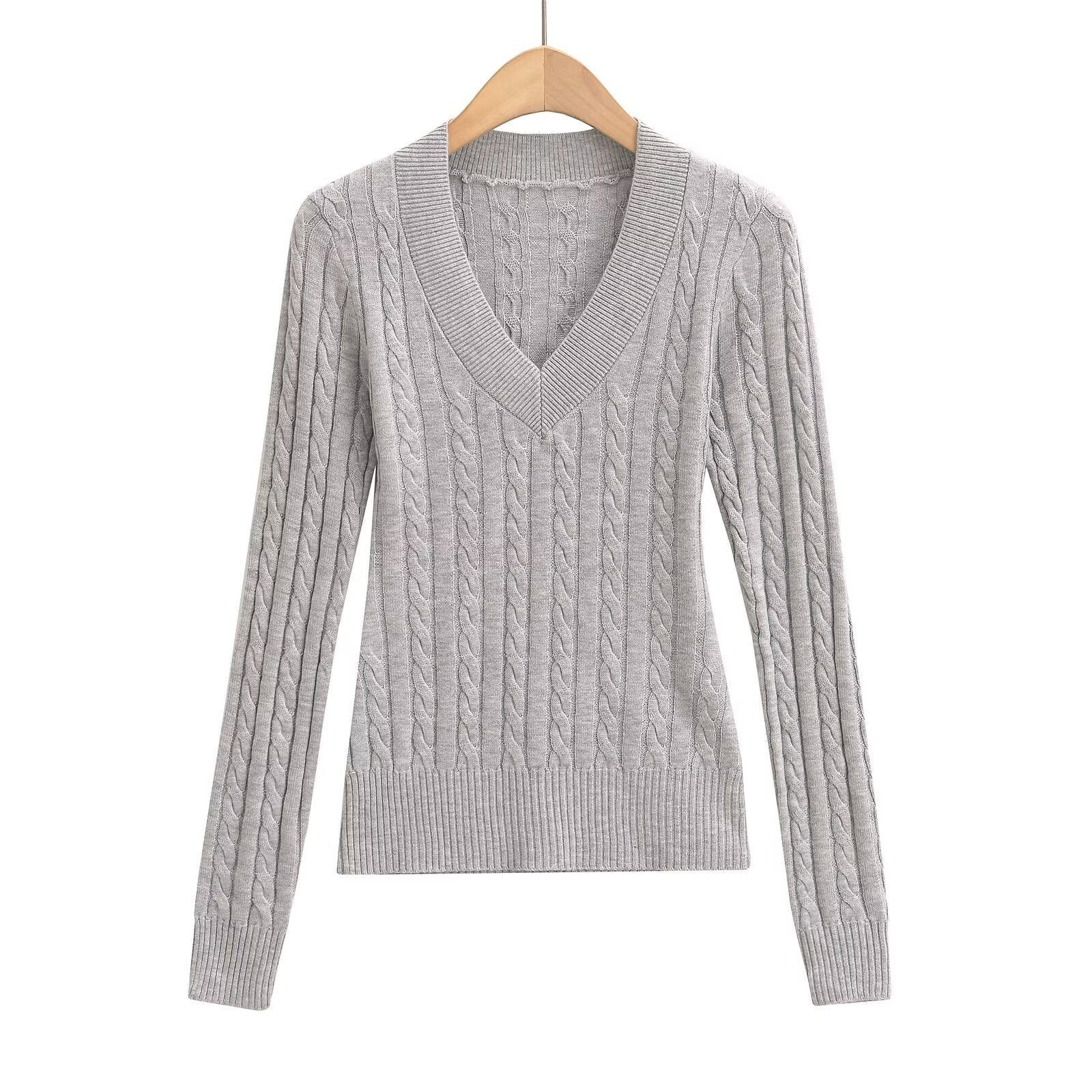 Dam Stickad Tröja V-ringning Kabelmönster Bomull Avslappnad Passform 7