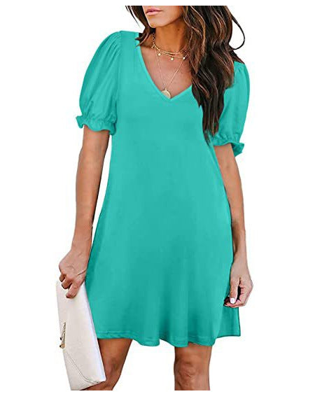 Kvinna Kort Armklänning V-ringning Lätt Tyg Puffade Ärmar 10