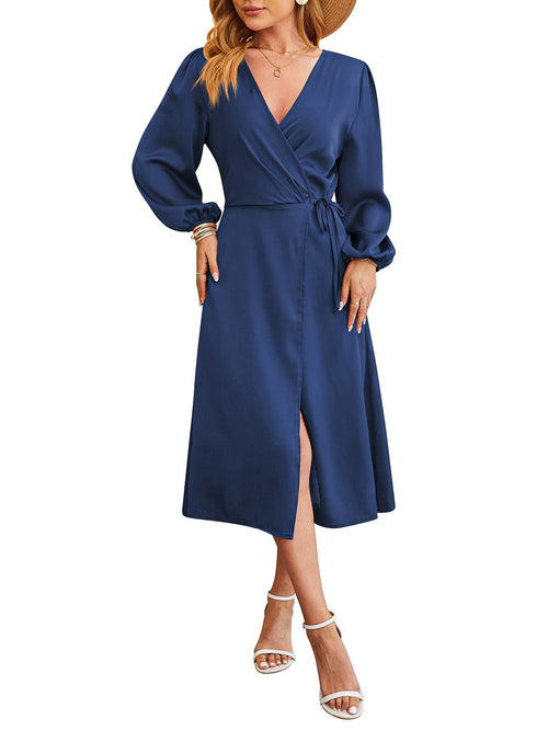 Kvinna Midi Klänning V-Neck Satin A-Linjeform Puffärmar-1
