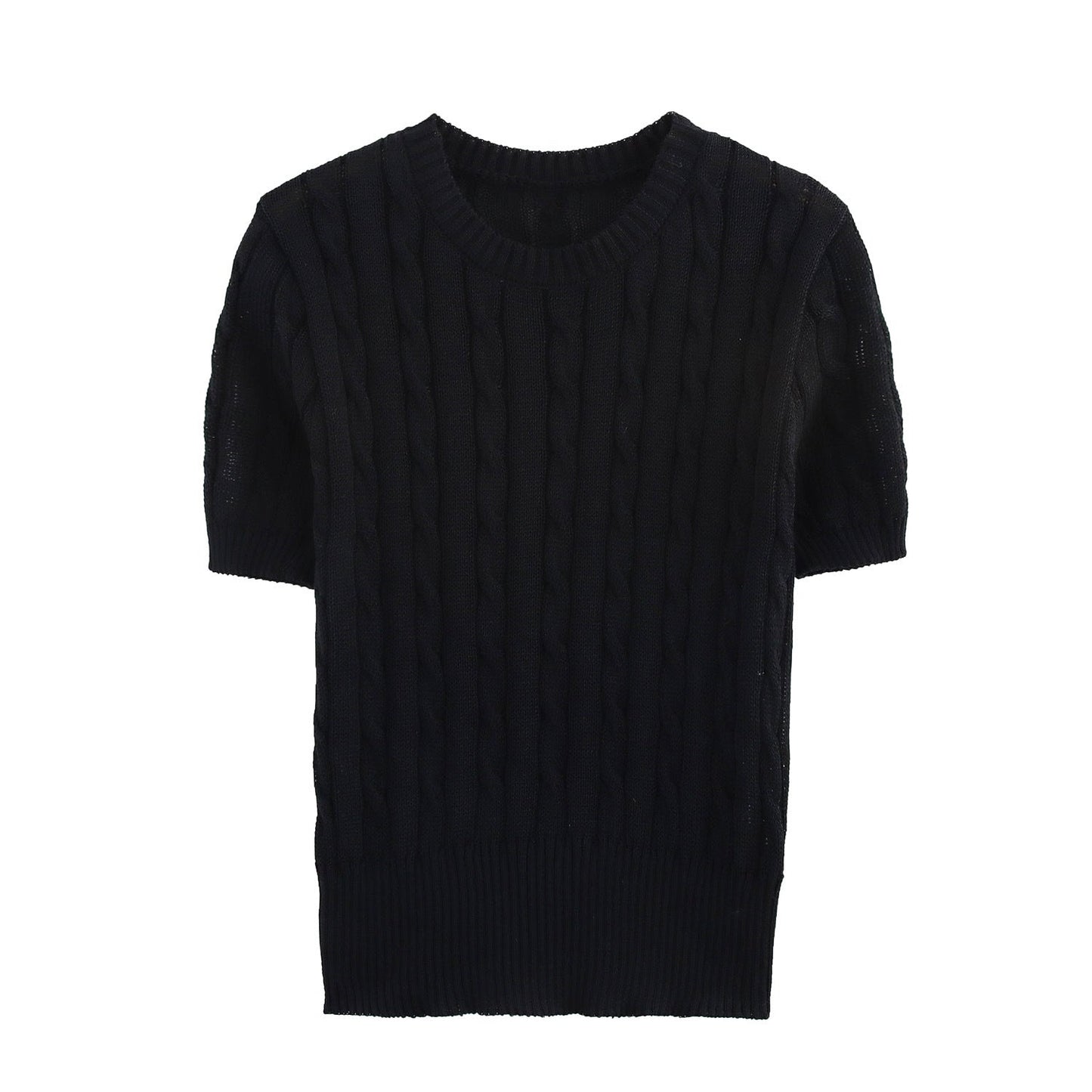 Dam Kortärmad Stickad Tröja Kabelmönster 100% Bomull-4