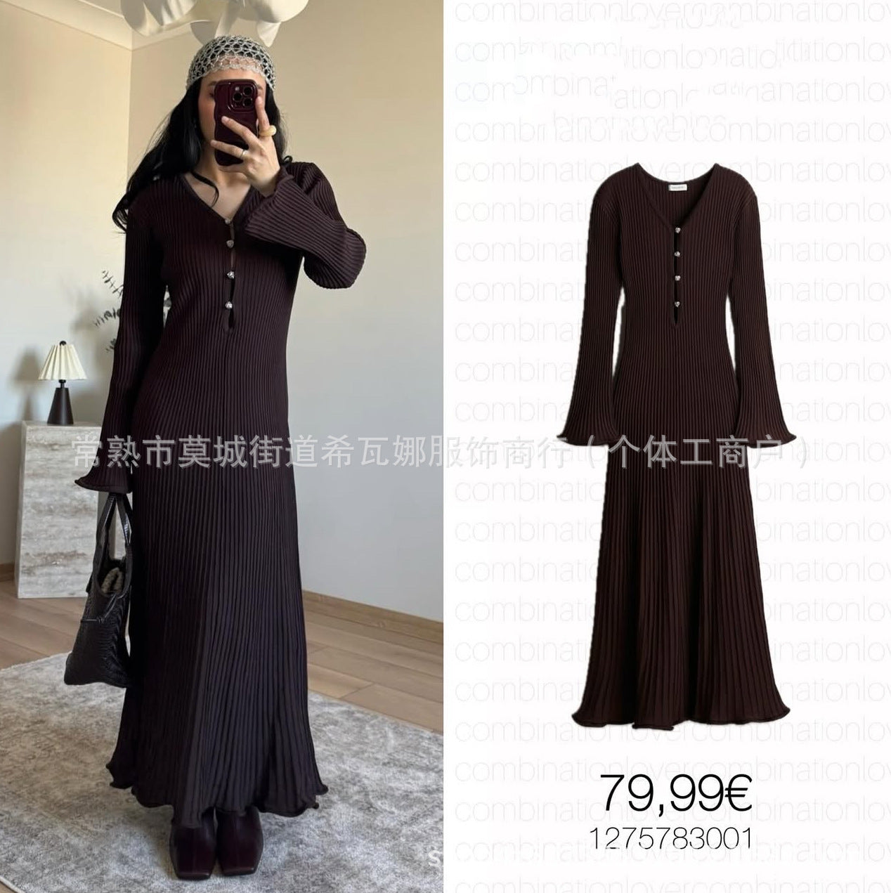 Dam Maxiklänning V-ringning Ribbstickad med Rüsch-detaljer-1