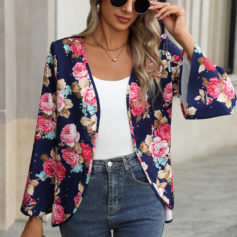 Blommönstrad Lång Kofta för Dam i Mjuk Polyester – Långärmad Cardigan för Vår och Höst 3