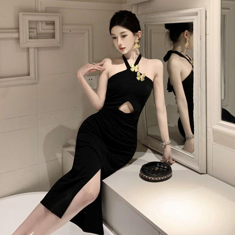 Kvinna Klänning Lång Slits Halshållarstil Högkvalitativt Tyg 5