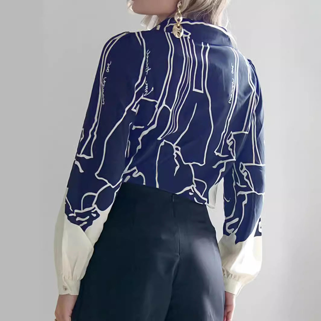 Dam Skjorta Långärmad Abstrakt Mönster Polyester-3