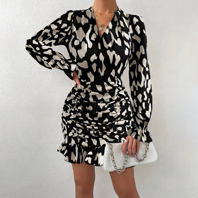 Kvinnors Minikjol Leopardmönster V-Hals Polyester Smal Passform-3