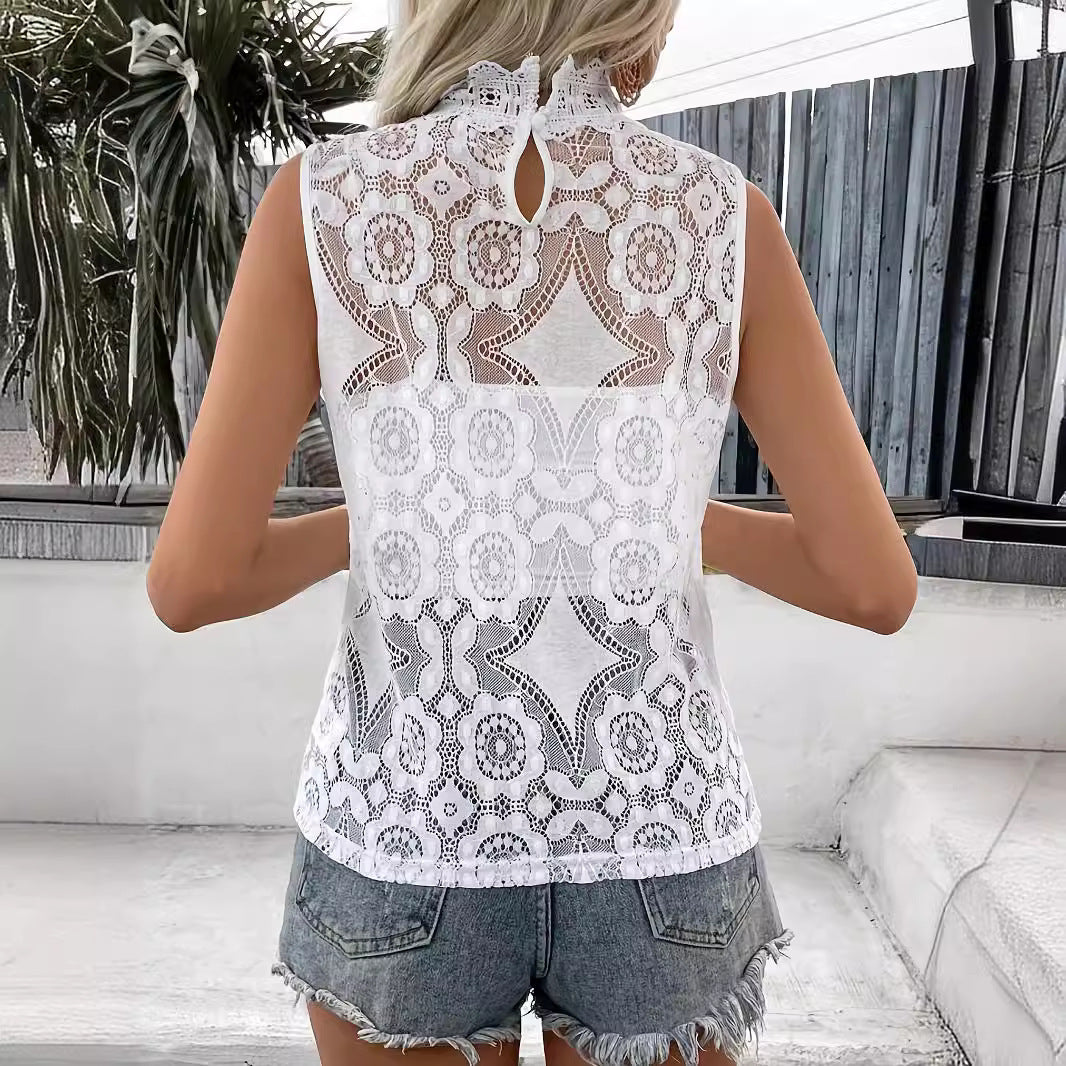Dam Topp Ärmlös Spets Detaljer 100% Bomull-3