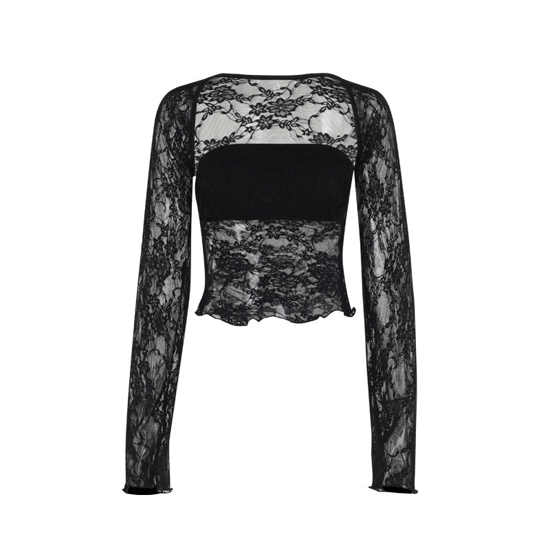 Kvinnors Transparent Topp med Rüsch Detaljer i Spets-6