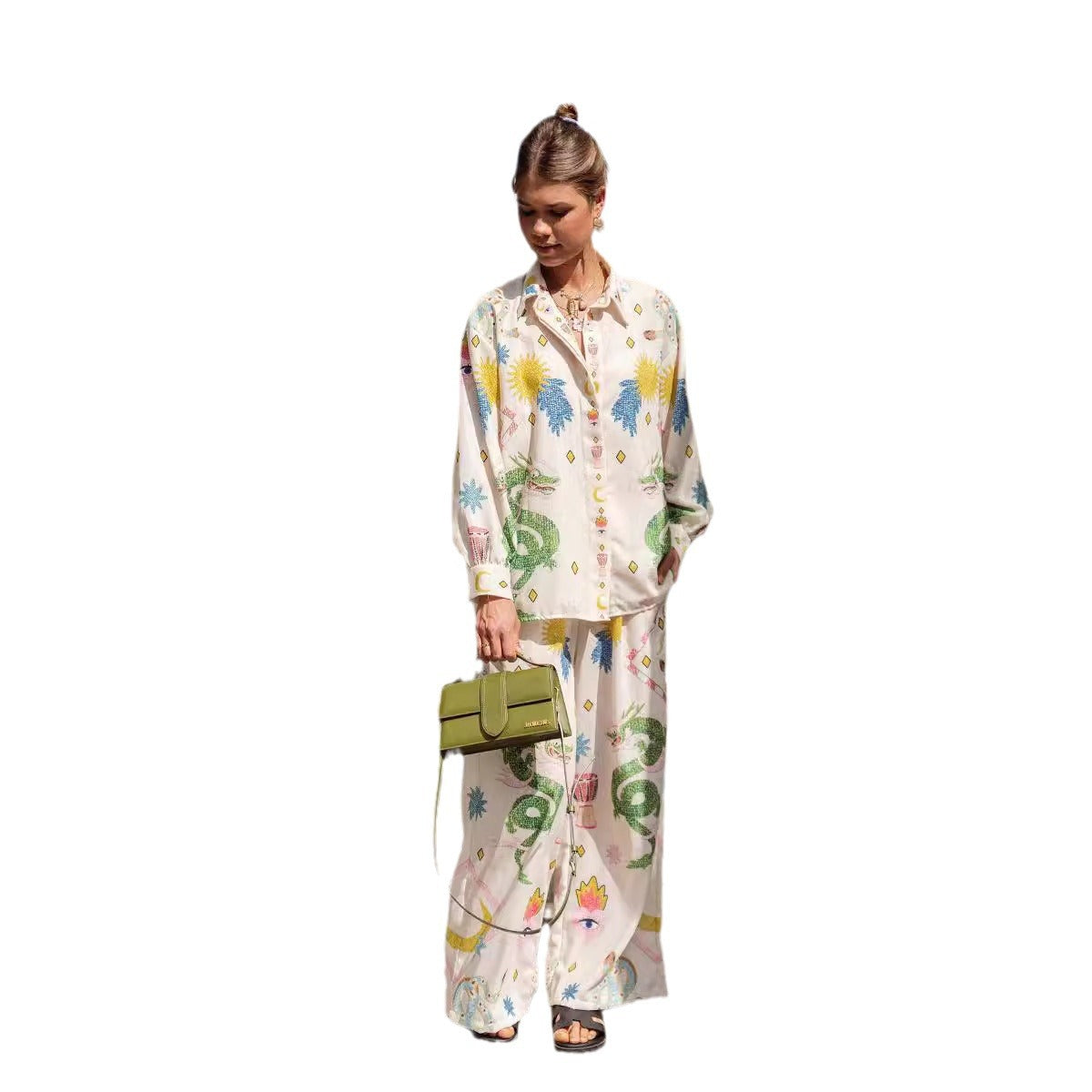 Matchande Set Dam Blommig Långärmad Skjorta och Byxor 100% Bomull 6