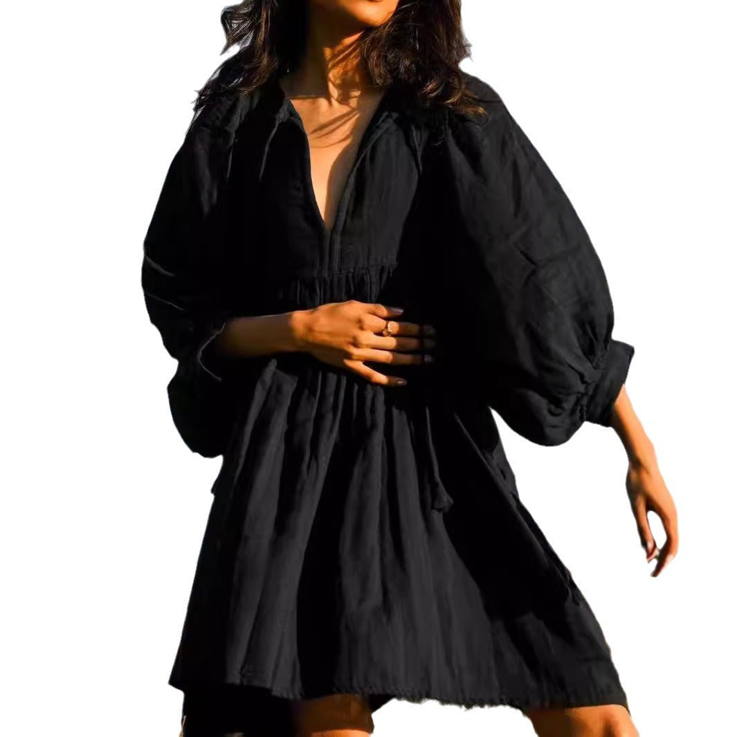 Sommarklänning Dam V-hals Puffärmar Bomull 6