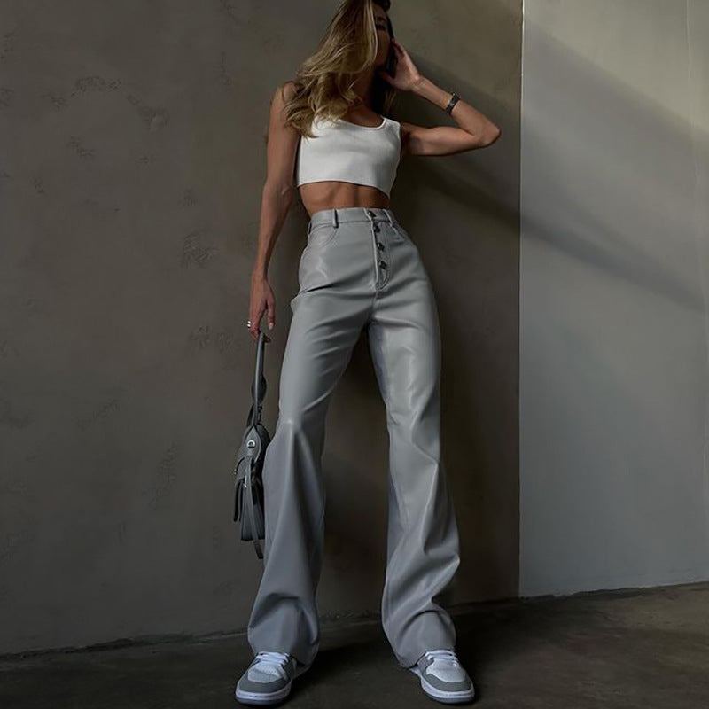 Snygga Byxor Dam Hög Midja Bred Benform Andningsbart Material-2