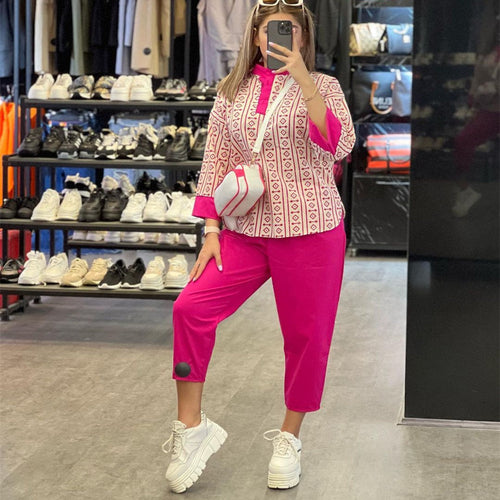 Dam Set Tryckt Blus Högbelagda Sju-Punkts Byxor Bomull Linne 1