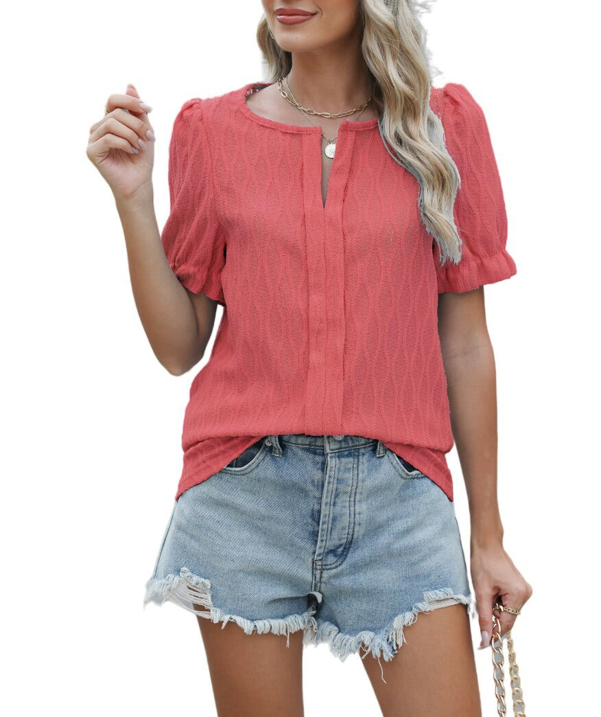 Elegant Kortärmad Topp för Dam med Puffärmar – Lätt Jacquard i Polyester, Perfekt för Fest och Vardag 10