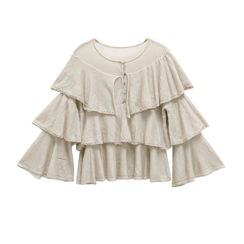 Kvinnors Ruffle Topp med Omfattande Ärmar – Andningsbart Tyg, Charmiga Knappstängningar, Elegant och Mångsidig Design 1