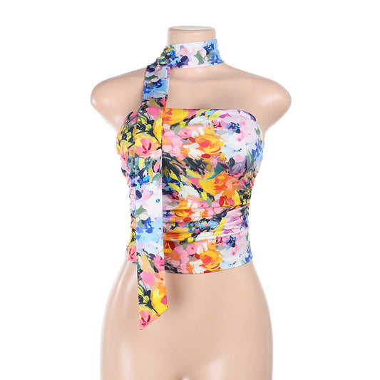 Kvinnors Bustier Topp Blommotiv Elastiskt Material-1