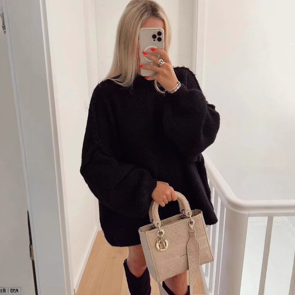 Dam Stickad Tröja Hög Krage Ullblandning Elegant Avslappnad-4