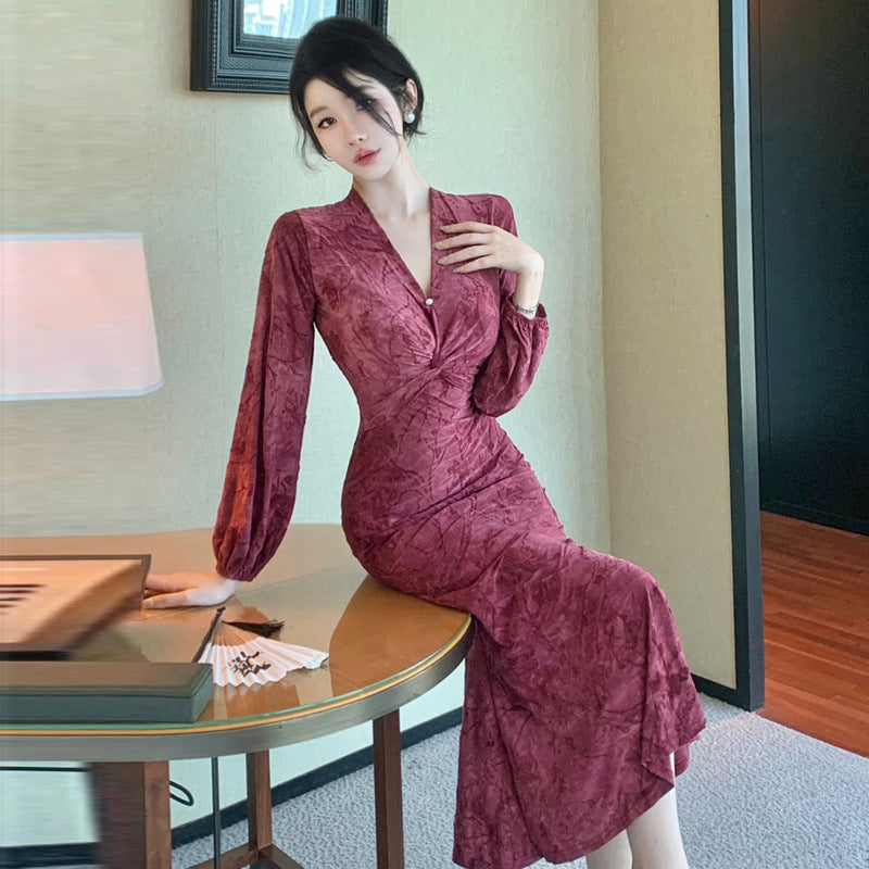 Kvinnors Midiklänning V-ringning Slim Fit Jacquard-5