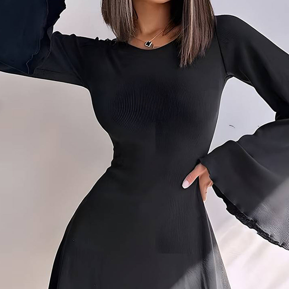 Dam Klänning Hög Midja Monokrom Polyester Elegant Långärmad-4