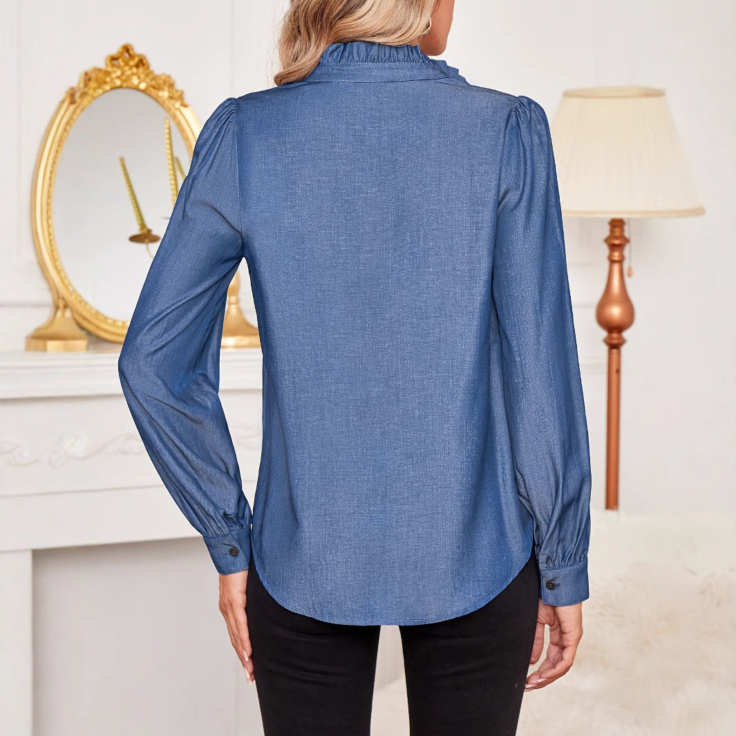 Dam Blus med Rüsch Detaljer och Knappstängning, Långa Puffärmar, Andningsbart Material 4