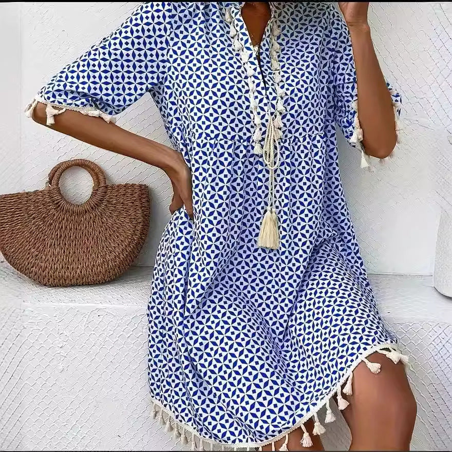 Dam Midi Klänning V-ringad Polyester Elegant Mönster-3