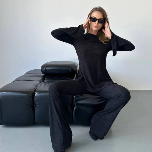 Dam Set Långärmad Top och Byxor Spandex Avslappnad-1