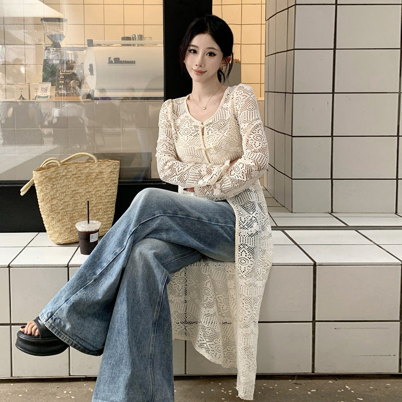 Kvinnor Midi Klänning Rund Hals Spetsskikt Högkvalitativ Blandning av Tyger-5