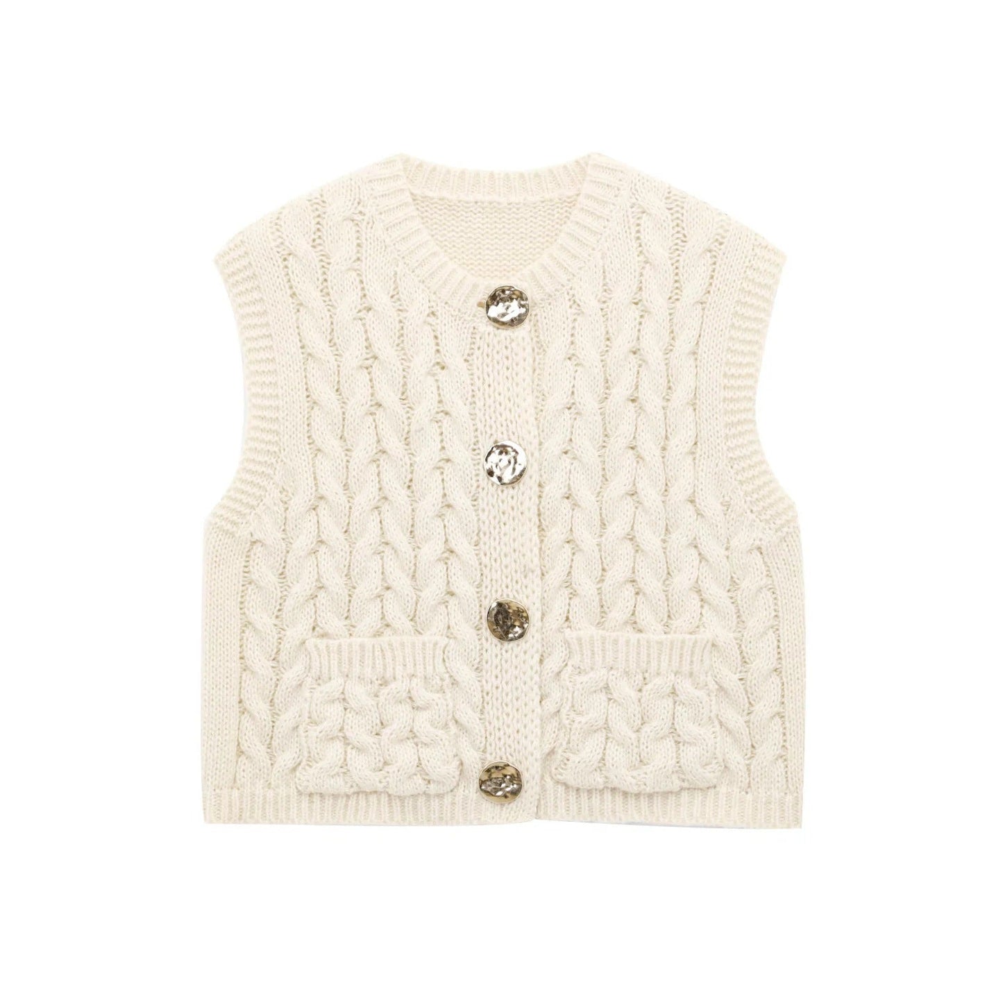 Variant image for Kvinnors Stickad Väst med Dekorativa Knappar och Fickor i Mjuk Bomullsblandning-1