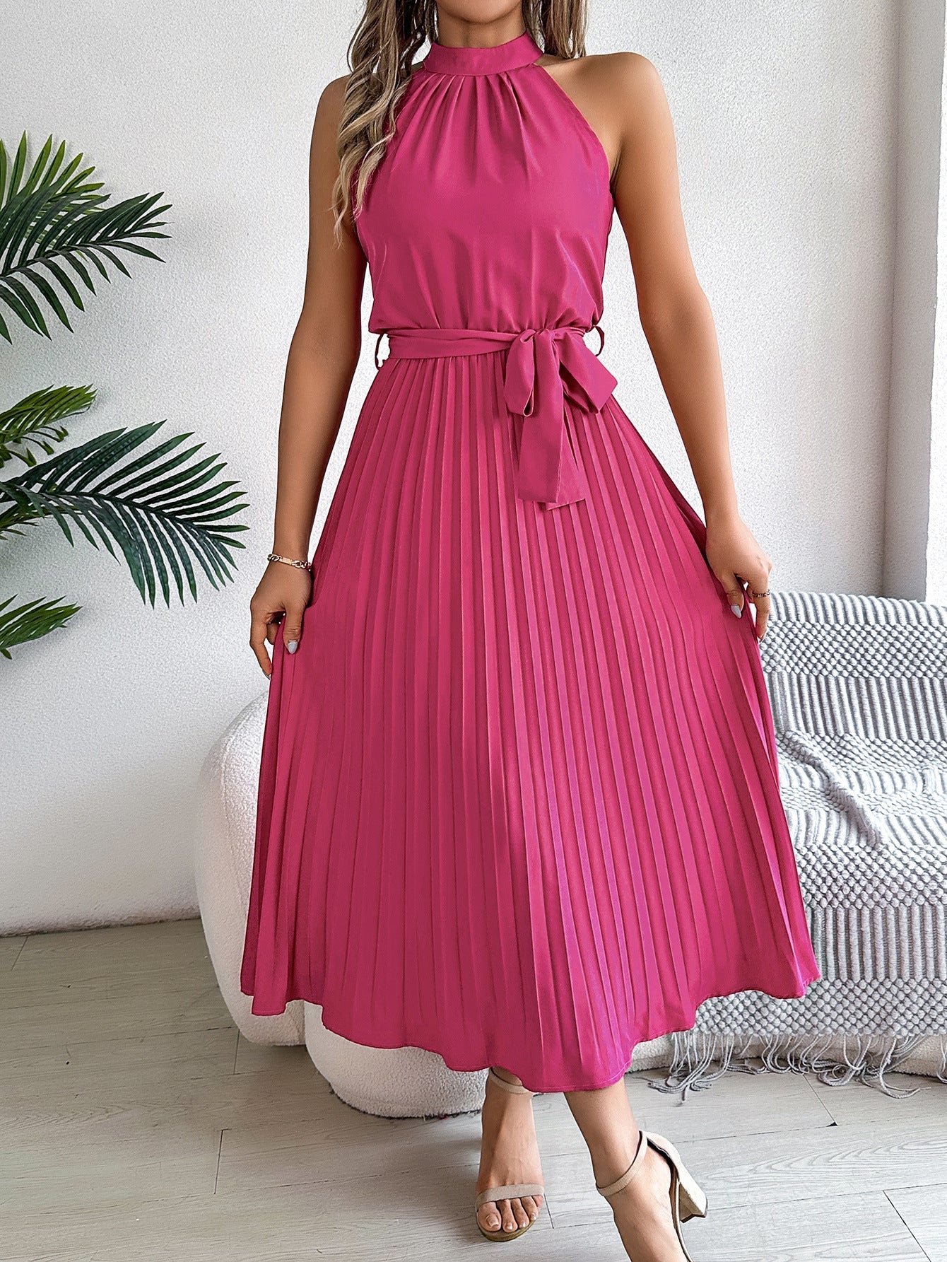 Dam Maxiklänning Ärmlös med Stående Krage i Polyester-5
