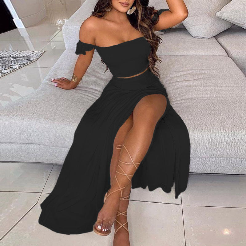 Kvinnors Off-Shoulder Klänning Delad Polyester Lång-3