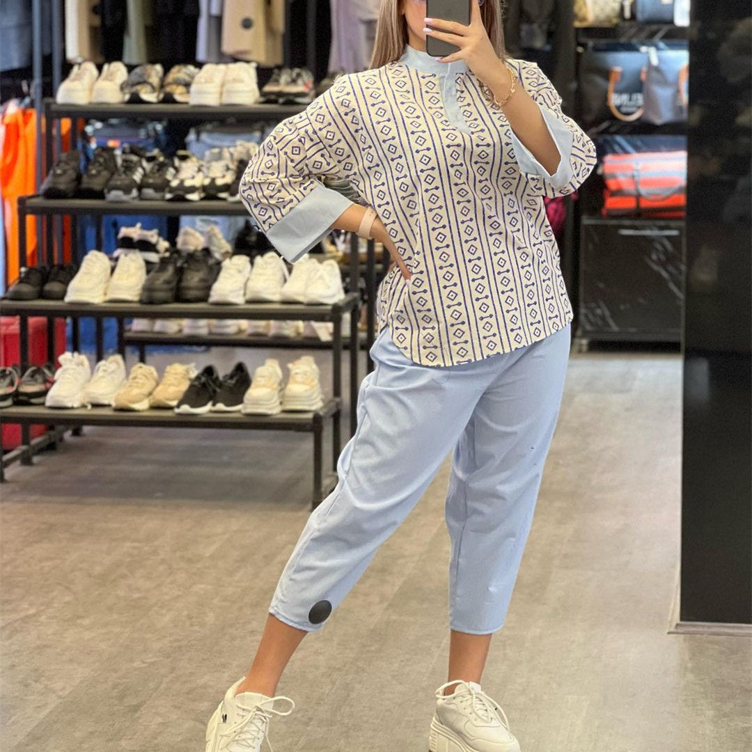 Dam Set Tryckt Blus Högbelagda Sju-Punkts Byxor Bomull Linne 6