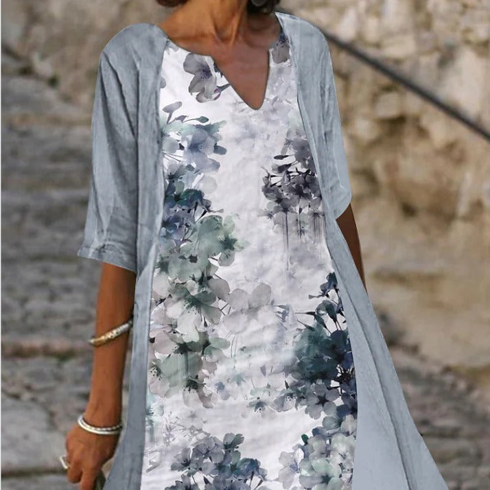 Dam Midiklänning Retro V-ringning Ramie Halvärmar-2