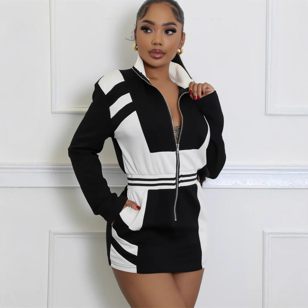 Dam Kort Klänning med Ståkrage och Dragkedja i Polyester-3