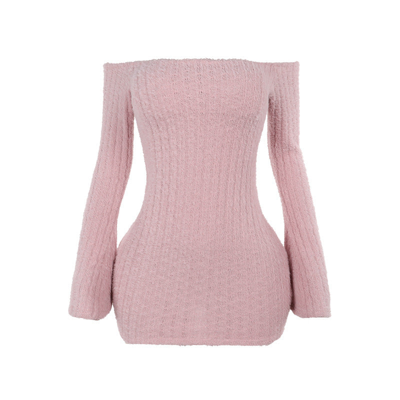 Kvinnors Miniklänning Off-Shoulder Ribbad Design Mjuk Stickning-6