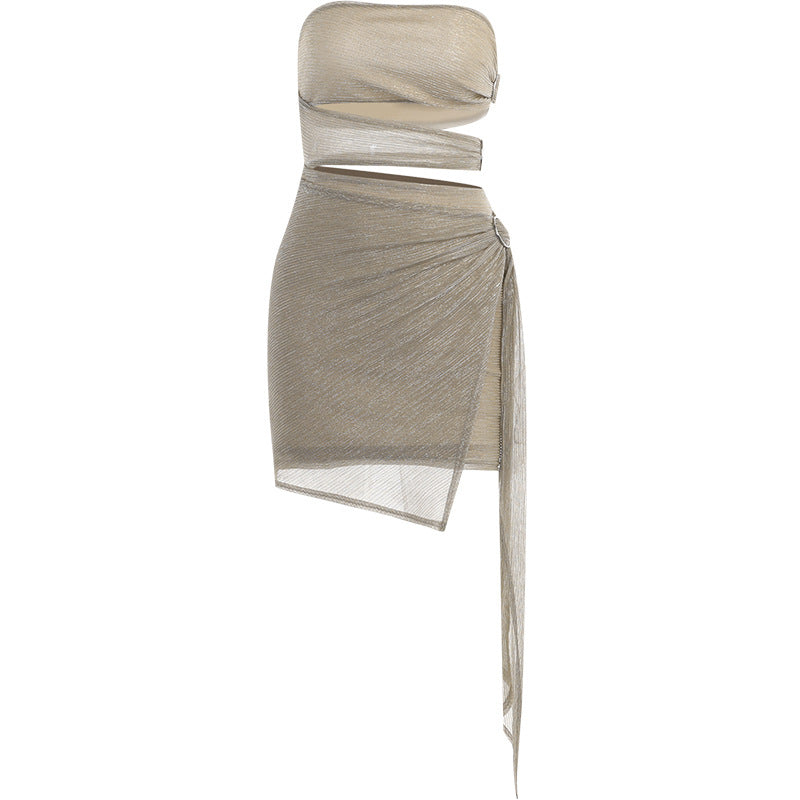 Kvinnors Glittrig Miniklänning Axelfri Draperad Elastisk Tyg 6