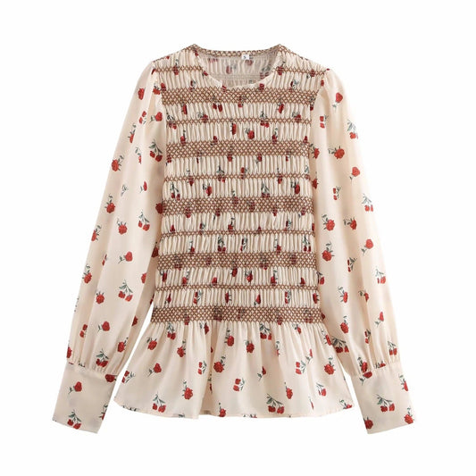 Dam Blus Blommig Design Rynkade Detaljer LĂ€tt Tyg-1