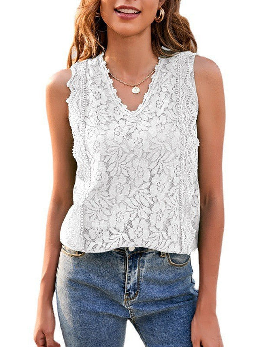 Slim Fit Dam Tank Top med Spetsdetalj och V-hals â Ărmlös Street Fashion i Monokrom Stil 1