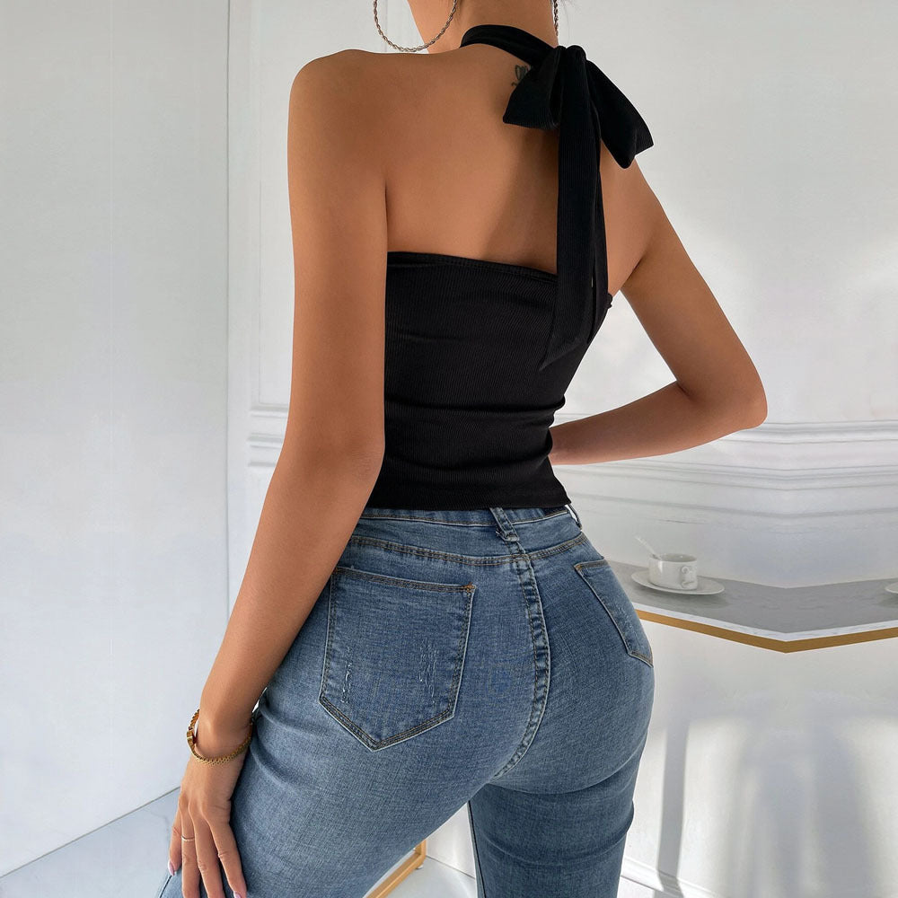 Dam Tank Top Bakre Band Bomullsblandning Elastisk Design-3