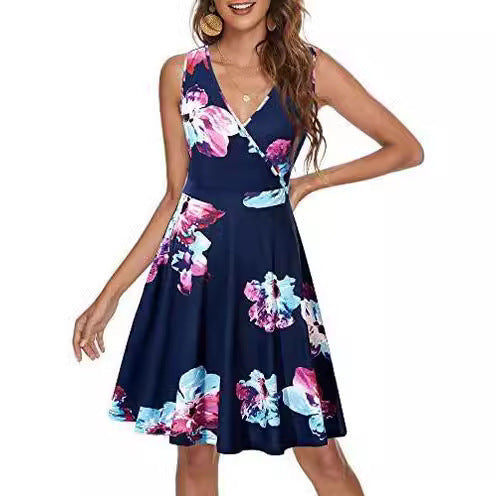 Kvinna Fritidsklänning V-ringning Blommönster Bomull-2