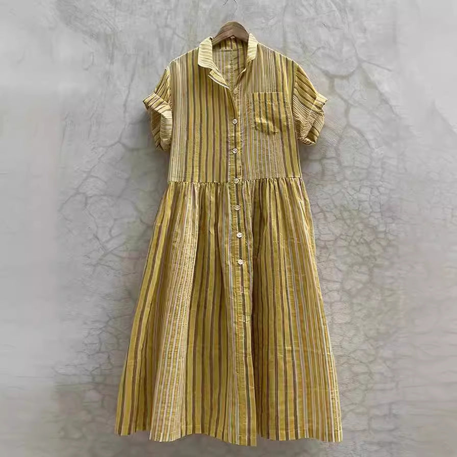 Dam A-Linjeklänning Med Randiga Puffärmar I Bomull - Sommarklänning-4