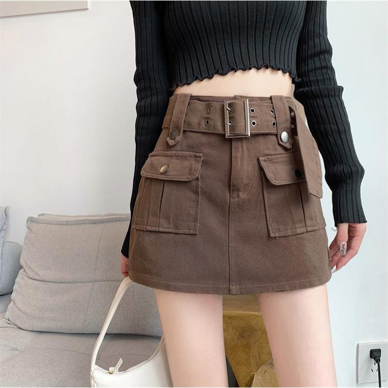Dam Cargo Skort Hög Midja Polyester med Bälte-2