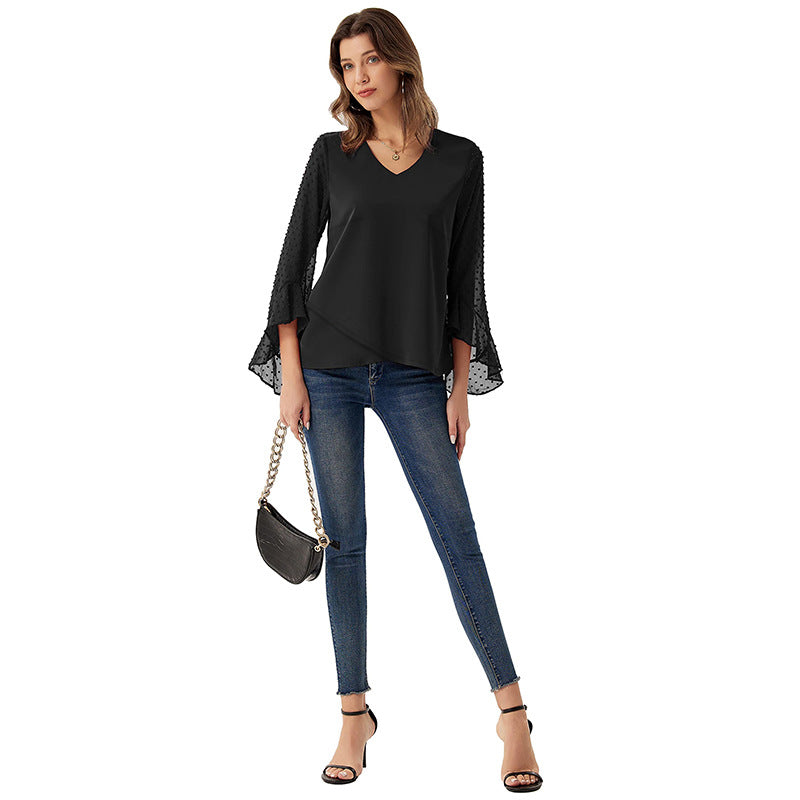 Långärmad Blus för Dam med V-hals och Rynkningsfri Polyester – Elegant Svart Blus med Raglanärmar 3