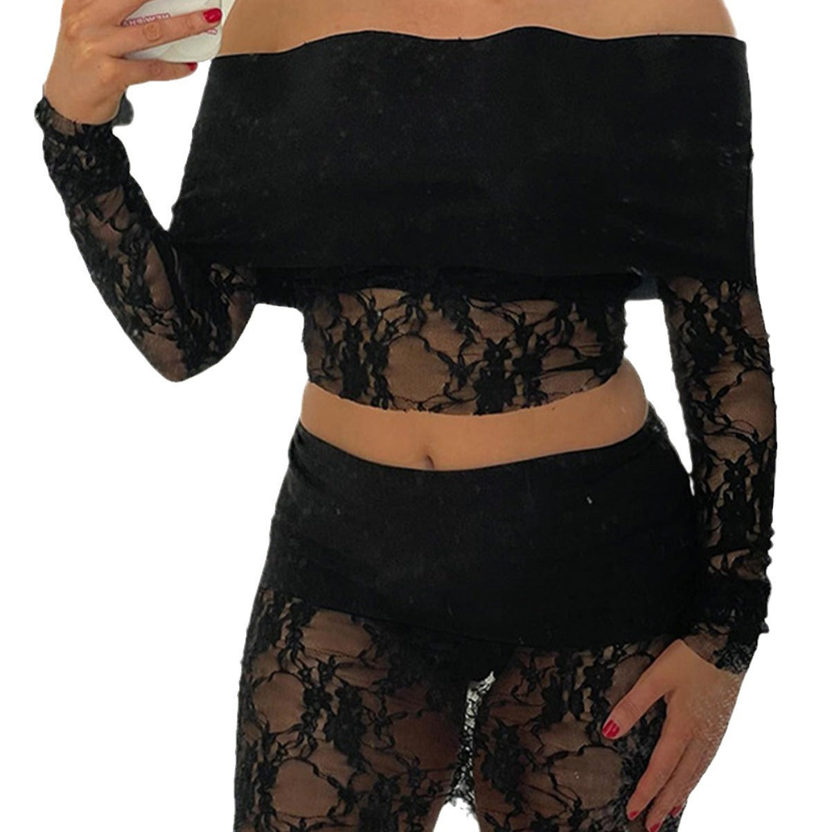Kvinnors Skördetopp och Mini-Rock Set Off-Shoulder Spets-6
