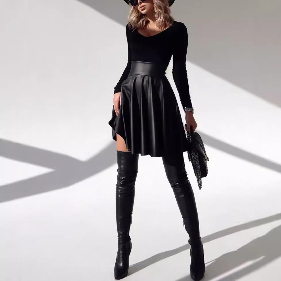 Kvinnors Mini Kjol A-linjeformad PU Läder Svart-5