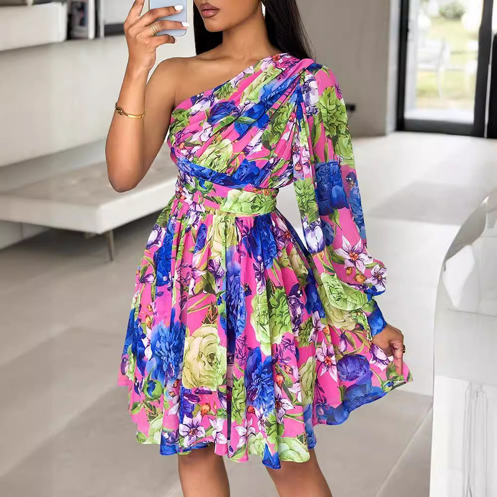 Kvinnors Midi Klänning Off-Shoulder Veckad Polyester-5