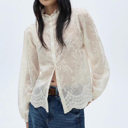 LÄngÀrmad Blus Dam Broderad Tencel Chiffon Elegant 1
