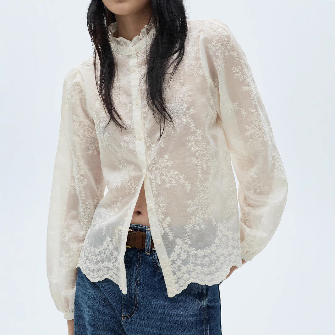 Långärmad Blus Dam Broderad Tencel Chiffon Elegant 6
