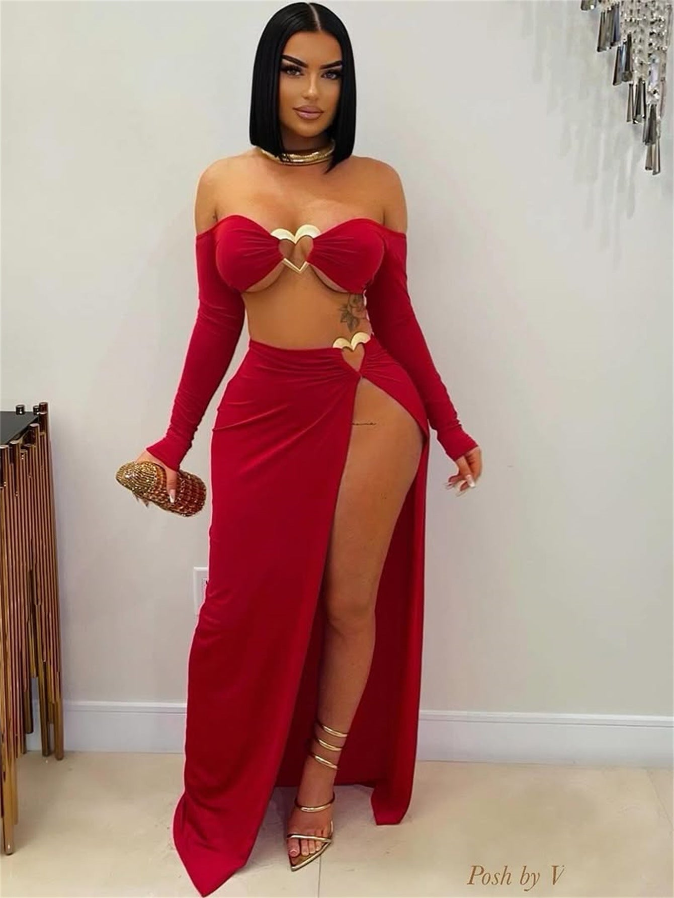 Dam Crop Top Lång Rock Set Polyester Spandex 5