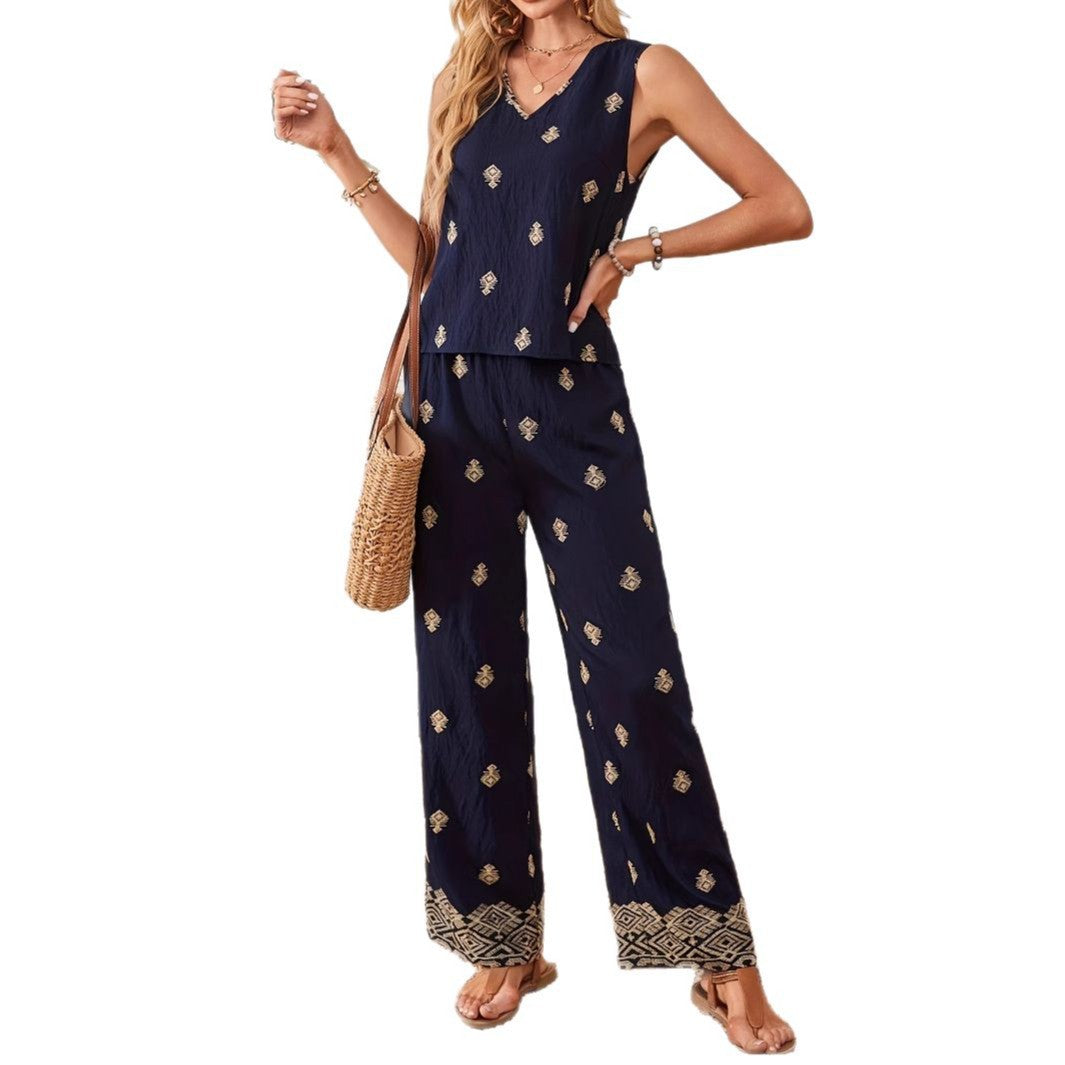 Kvinnors Tvådelad Set med V-hals, Ärmlös Topp och Bredbyxor i Lätta Tyger – Gyllene Accenter och Avslappnad Passform 5