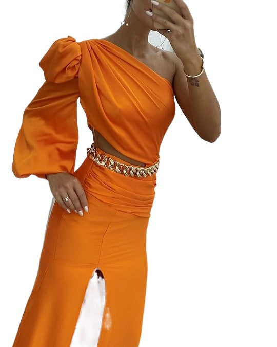 Kvinnors Långärmad Klänning Asymmetrisk Design Rak Ull-5